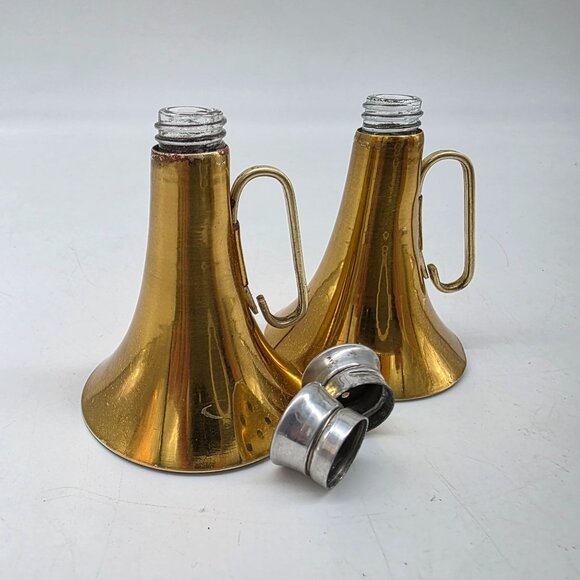 Vintage Brass & Glass Buggle Horn Shaped Salt & Pepper Shakers Removable Caps - Picture 4 of 10